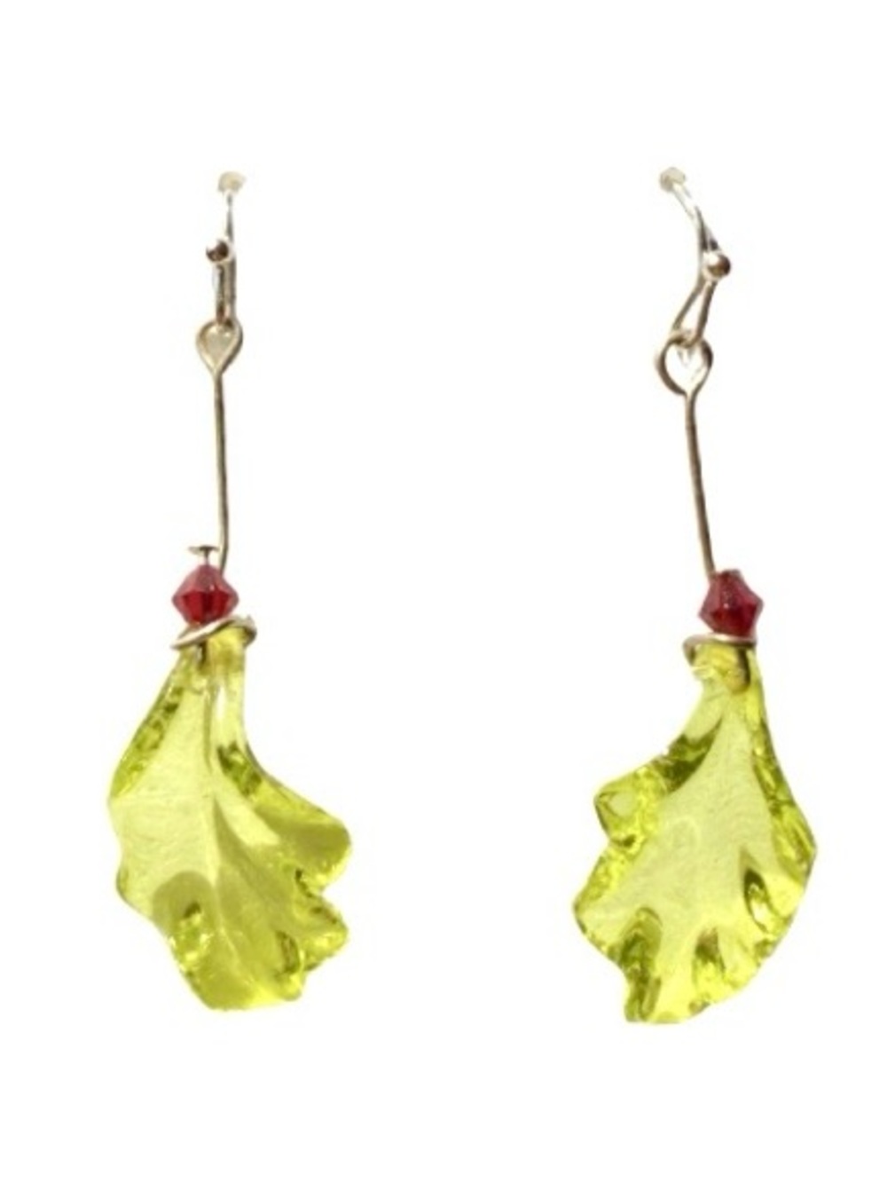 Handmade Green Leaf Drop Earrings with Red Austrian Crystal